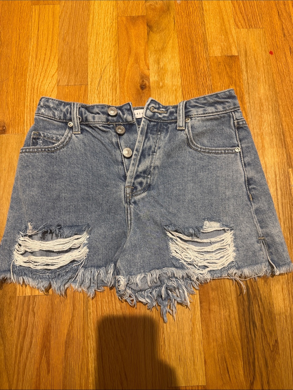 High-Waist Distressed Denim Shorts - Light Blue XS